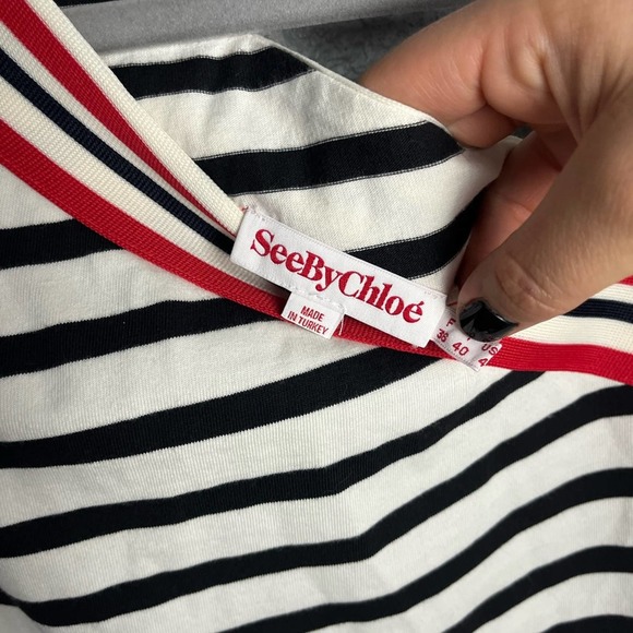 SEE BY CHLOE Jersey Knit Striped Asymmetric Neckline Mini Dress - Picture 5 of 5